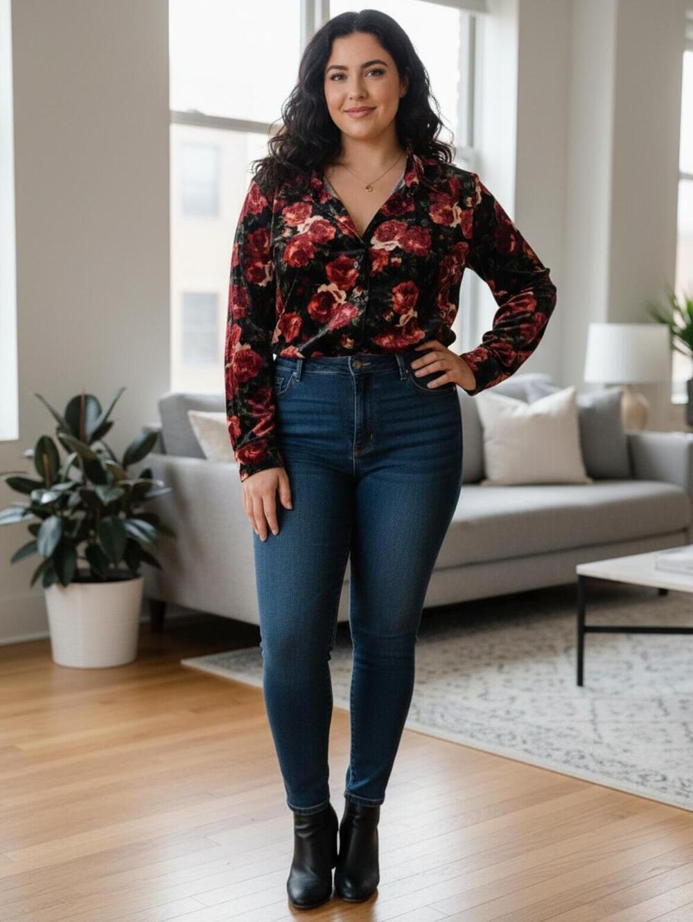 Basic Editions Relaxed Fit Floral Velvet Button-Up Shirt - XL